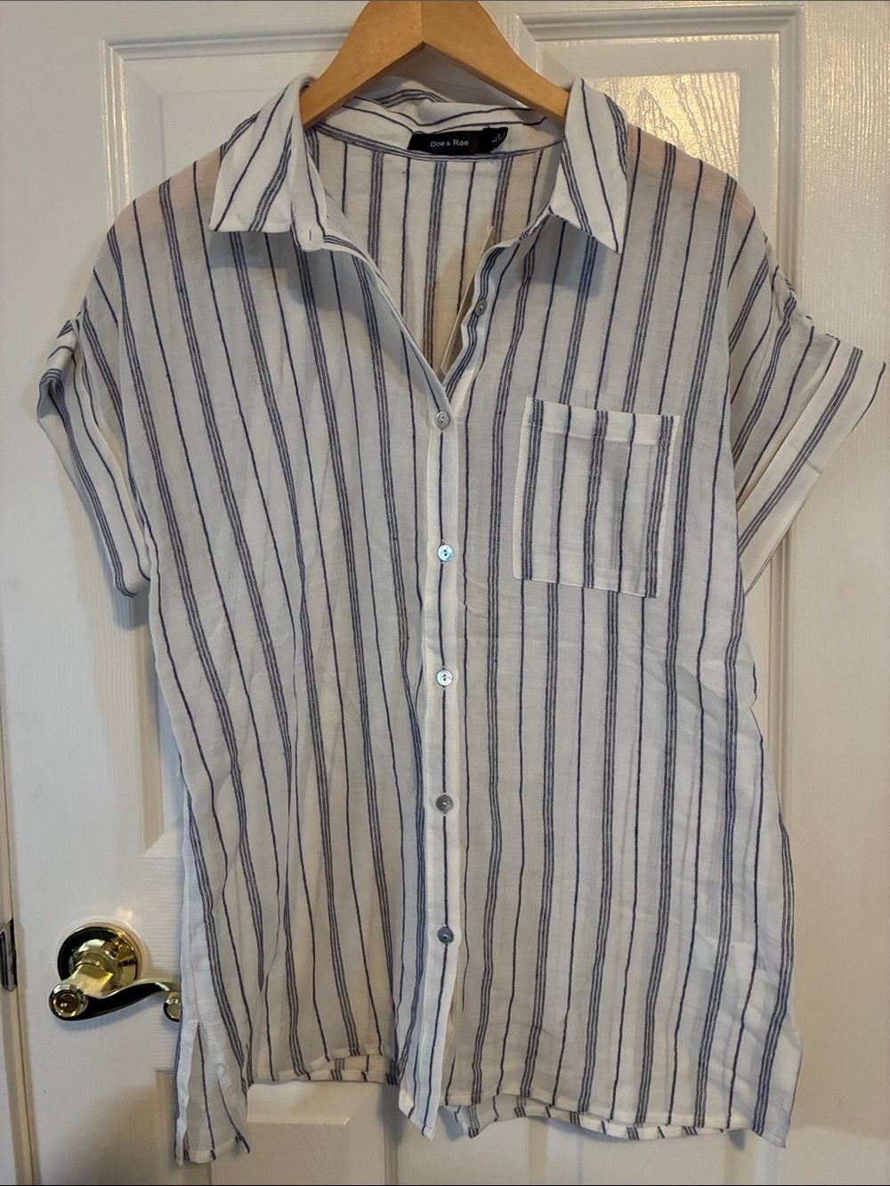 Doe & Rae White Shirt with Navy Vertical Stripes